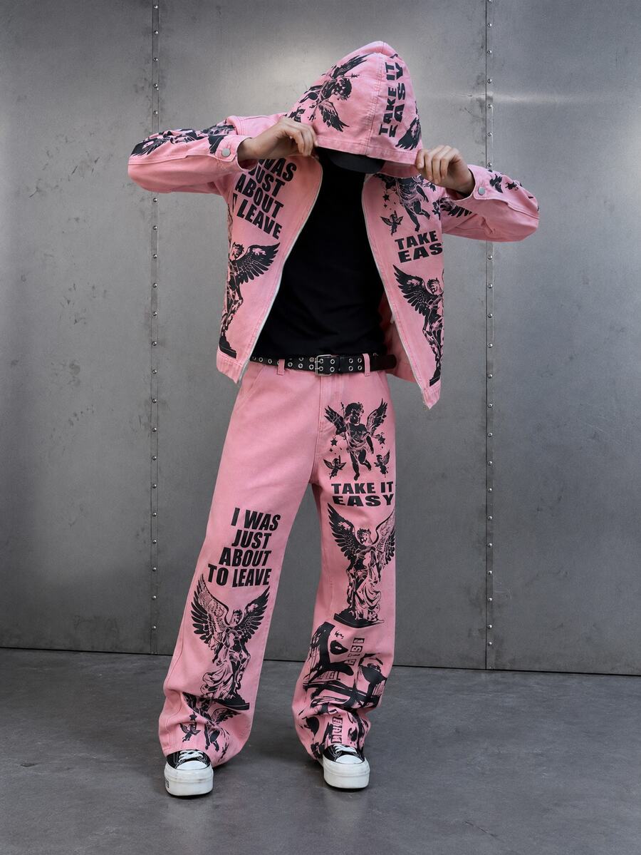 Manfinity EMRG Men's Vintage Sculpture Slogan Print Hoodie Jacket And Jeans Set - Pink - View 1