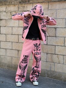 Manfinity EMRG Men's Vintage Sculpture Slogan Print Hoodie Jacket And Jeans Set - Pink - View 4
