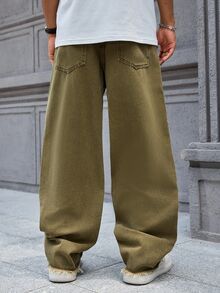 Manfinity EMRG Men's Pocket Design Frayed Hem Wide Leg Loose Casual Jeans - Olive Green - View 2