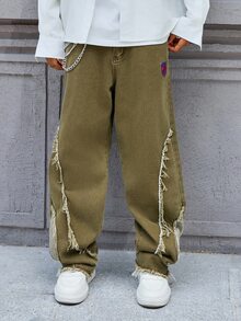 Manfinity EMRG Men's Pocket Design Frayed Hem Wide Leg Loose Casual Jeans - Olive Green - View 7