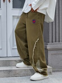 Manfinity EMRG Men's Pocket Design Frayed Hem Wide Leg Loose Casual Jeans - Olive Green - View 3