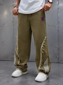 Manfinity EMRG Men's Pocket Design Frayed Hem Wide Leg Loose Casual Jeans - Olive Green - View 1