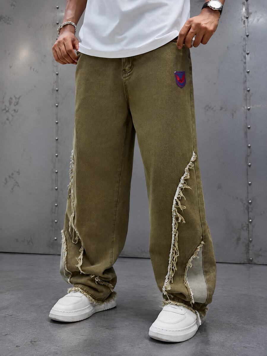 Manfinity EMRG Men's Pocket Design Frayed Hem Wide Leg Loose Casual Jeans - Olive Green - View 1