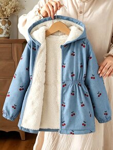 SHEIN 青少年女孩長袖抓絨外套 秋季休閒可愛牛仔女孩風格 返校季冬季藍色花卉印花連帽拉鍊夾克 - 彩色 - 查看 5