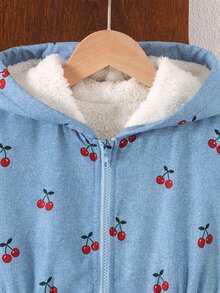 SHEIN 青少年女孩長袖抓絨外套 秋季休閒可愛牛仔女孩風格 返校季冬季藍色花卉印花連帽拉鍊夾克 - 彩色 - 查看 8