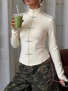 SHEIN PETITE Women's Spring/Summer New Knit Sporty Style Ribbon & Frog Button Design Sun Protection Thin Jacket - Apricot - View 3