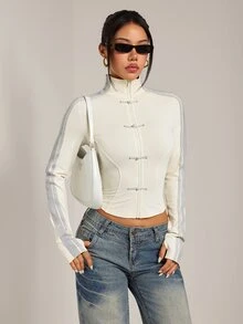 SHEIN PETITE Women's Spring/Summer New Knit Sporty Style Ribbon & Frog Button Design Sun Protection Thin Jacket - Apricot - View 5