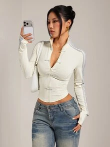 SHEIN PETITE Women's Spring/Summer New Knit Sporty Style Ribbon & Frog Button Design Sun Protection Thin Jacket - Apricot - View 7