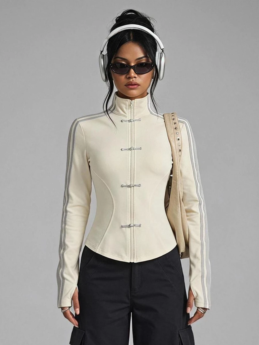 SHEIN PETITE Women's Spring/Summer New Knit Sporty Style Ribbon & Frog Button Design Sun Protection Thin Jacket - Apricot - View 1