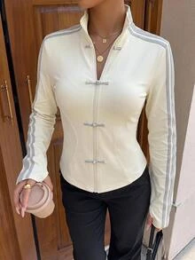 SHEIN PETITE Women's Spring/Summer New Knit Sporty Style Ribbon & Frog Button Design Sun Protection Thin Jacket - Apricot - View 2