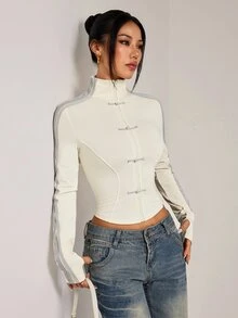 SHEIN PETITE Women's Spring/Summer New Knit Sporty Style Ribbon & Frog Button Design Sun Protection Thin Jacket - Apricot - View 10