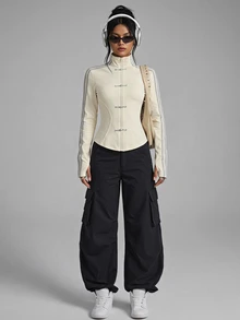 SHEIN PETITE Women's Spring/Summer New Knit Sporty Style Ribbon & Frog Button Design Sun Protection Thin Jacket - Apricot - View 4