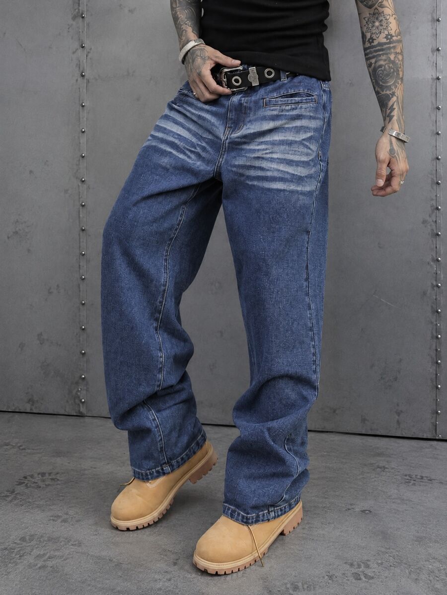 Manfinity EMRG 男士休闲水洗宽松牛仔裤 - 深色水洗藍 - 查看 1