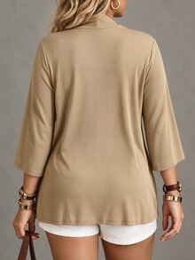 Linhara CURVE Plus Size Soft Knit Shiny Silk Fabric Criss-Cross Wrap Structure Long Sleeve Fitted T-Shirt Elegant For Outing, Date, Gathering, Party, Daily Commute - Khaki - View 2