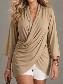 Linhara CURVE Plus Size Soft Knit Shiny Silk Fabric Criss-Cross Wrap Structure Long Sleeve Fitted T-Shirt Elegant For Outing, Date, Gathering, Party, Daily Commute - Khaki - View 3