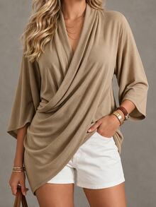 Linhara CURVE Plus Size Soft Knit Shiny Silk Fabric Criss-Cross Wrap Structure Long Sleeve Fitted T-Shirt Elegant For Outing, Date, Gathering, Party, Daily Commute - Khaki - View 1