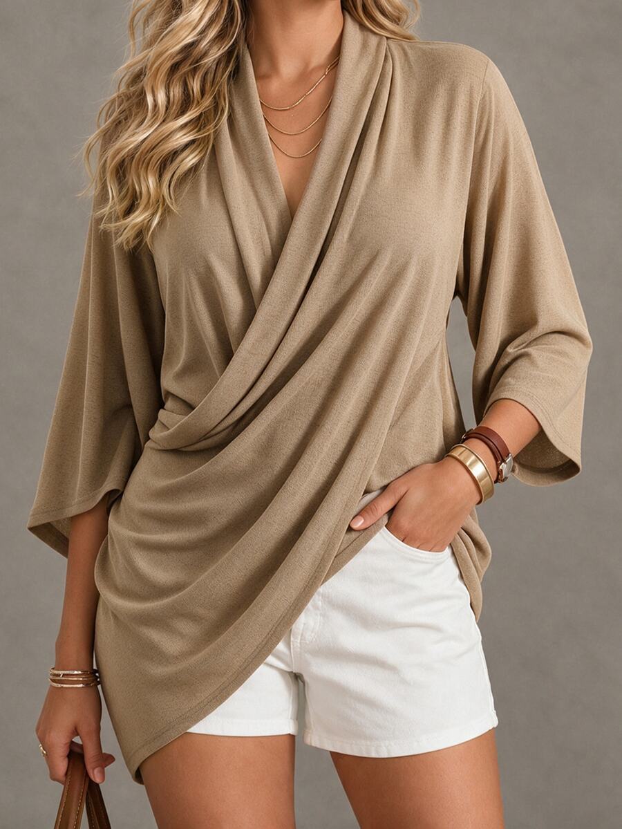 Linhara CURVE Plus Size Soft Knit Shiny Silk Fabric Criss-Cross Wrap Structure Long Sleeve Fitted T-Shirt Elegant For Outing, Date, Gathering, Party, Daily Commute - Khaki - View 1