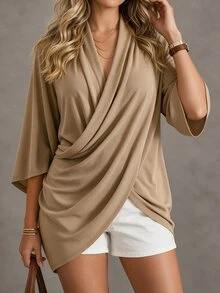 Linhara CURVE Plus Size Soft Knit Shiny Silk Fabric Criss-Cross Wrap Structure Long Sleeve Fitted T-Shirt Elegant For Outing, Date, Gathering, Party, Daily Commute - Khaki - View 4