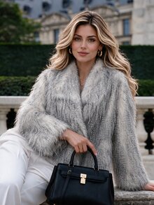 Cravure Damen Kunstfell Mantel in Große Größen mit großem Revers, Quastenstoff, langen Ärmeln, Taschen, modisch elegant für Party & Streetwear - Grau - Übersicht 14
