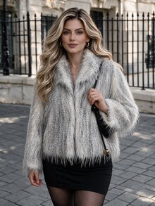 Cravure Damen Kunstfell Mantel in Große Größen mit großem Revers, Quastenstoff, langen Ärmeln, Taschen, modisch elegant für Party & Streetwear - Grau - Übersicht 10