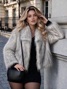 Cravure Damen Kunstfell Mantel in Große Größen mit großem Revers, Quastenstoff, langen Ärmeln, Taschen, modisch elegant für Party & Streetwear - Grau - Übersicht 3