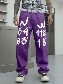 Manfinity EMRG Loose Fit Men's Cotton Letter Graphic Straight Leg Jeans - Purple - View 3