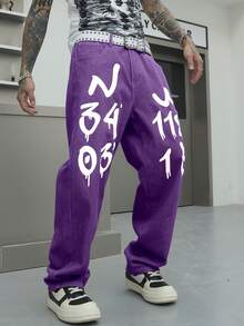 Manfinity EMRG Loose Fit Men's Cotton Letter Graphic Straight Leg Jeans - Purple - View 5