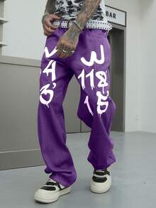 Manfinity EMRG Loose Fit Men's Cotton Letter Graphic Straight Leg Jeans - Purple - View 7