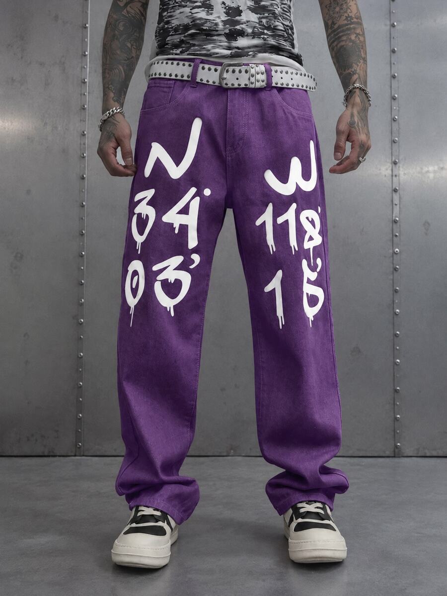 Manfinity EMRG Loose Fit Men's Cotton Letter Graphic Straight Leg Jeans - Purple - View 1