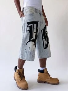 Manfinity EMRG 男士字母印花口袋寬腿寬鬆休閒街頭風九分丹寧牛仔褲 城市度假 水藍色 夏季 - 淺色水洗藍 - 查看 5