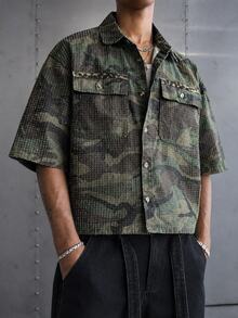 Manfinity EMRG Men's Casual Street Style Multi-Pocket Crochet Camouflage Denim Short Sleeve Shirt - Army Green - View 1
