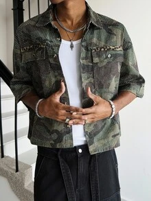 Manfinity EMRG Men's Casual Street Style Multi-Pocket Crochet Camouflage Denim Short Sleeve Shirt - Army Green - View 9