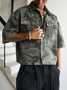 Manfinity EMRG Men's Casual Street Style Multi-Pocket Crochet Camouflage Denim Short Sleeve Shirt - Army Green - View 6