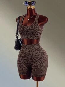 Mistrie Brown Leopard Print Mesh Yoga & Fitness Seamless Workout Set - Brown - View 9
