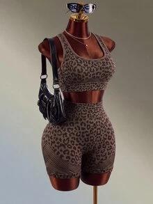 Mistrie Brown Leopard Print Mesh Yoga & Fitness Seamless Workout Set - Brown - View 6