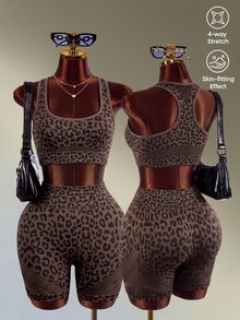 Mistrie Brown Leopard Print Mesh Yoga & Fitness Seamless Workout Set - Brown - View 4