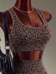 Mistrie Brown Leopard Print Mesh Yoga & Fitness Seamless Workout Set - Brown - View 3