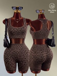 Mistrie Brown Leopard Print Mesh Yoga & Fitness Seamless Workout Set - Brown - View 1
