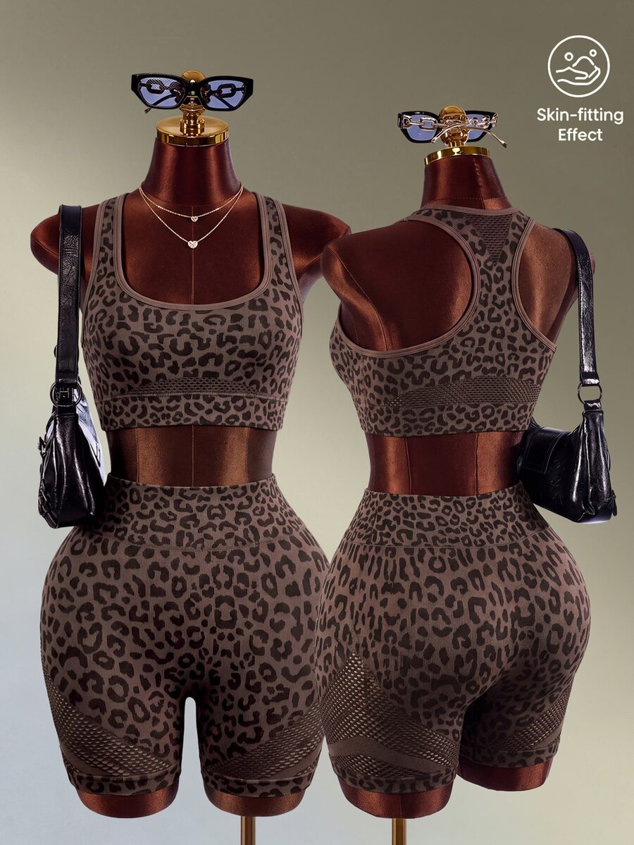 Mistrie Brown Leopard Print Mesh Yoga & Fitness Seamless Workout Set - Brown - View 1