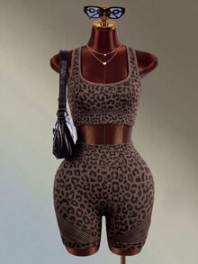 Mistrie Brown Leopard Print Mesh Yoga & Fitness Seamless Workout Set - Brown - View 7