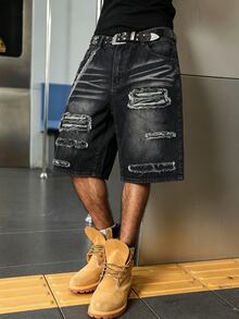 Manfinity EMRG American Street Style Grunge Patchwork Frayed Denim Shorts Holiday Black Summer - Black - View 7