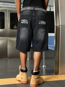 Manfinity EMRG American Street Style Grunge Patchwork Frayed Denim Shorts Holiday Black Summer - Black - View 2