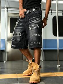 Manfinity EMRG American Street Style Grunge Patchwork Frayed Denim Shorts Holiday Black Summer - Black - View 8
