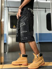 Manfinity EMRG American Street Style Grunge Patchwork Frayed Denim Shorts Holiday Black Summer - Black - View 5