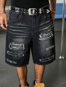 Manfinity EMRG American Street Style Grunge Patchwork Frayed Denim Shorts Holiday Black Summer - Black - View 6