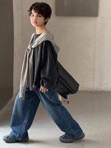 DAZY Young Boy Patchwork Leopard Print Pocket Wide Leg Loose Casual Denim Jeans - Dark Wash - View 7