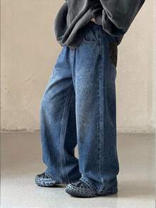 DAZY Young Boy Patchwork Leopard Print Pocket Wide Leg Loose Casual Denim Jeans - Dark Wash - View 2