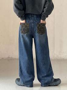 DAZY Young Boy Patchwork Leopard Print Pocket Wide Leg Loose Casual Denim Jeans - Dark Wash - View 1
