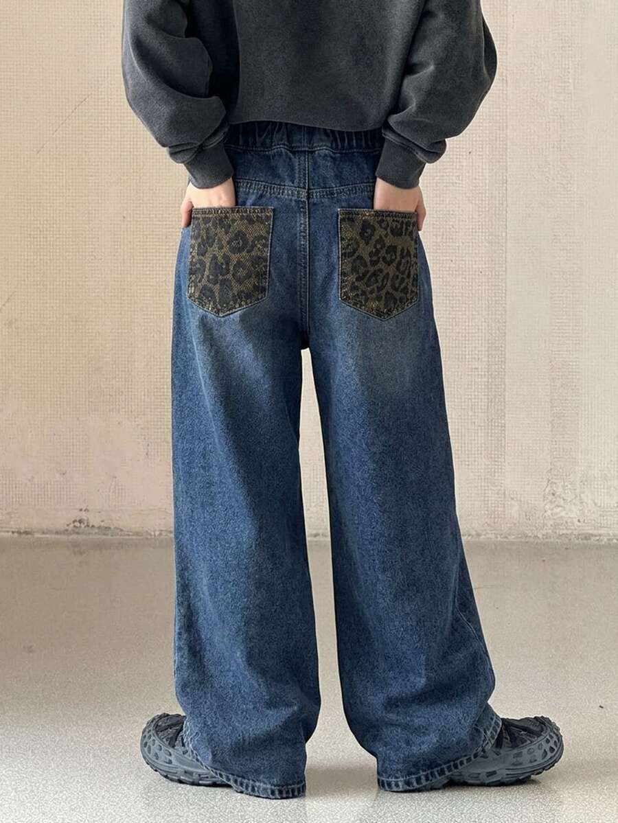 DAZY Young Boy Patchwork Leopard Print Pocket Wide Leg Loose Casual Denim Jeans - Dark Wash - View 1