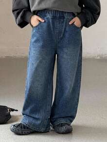 DAZY Young Boy Patchwork Leopard Print Pocket Wide Leg Loose Casual Denim Jeans - Dark Wash - View 5